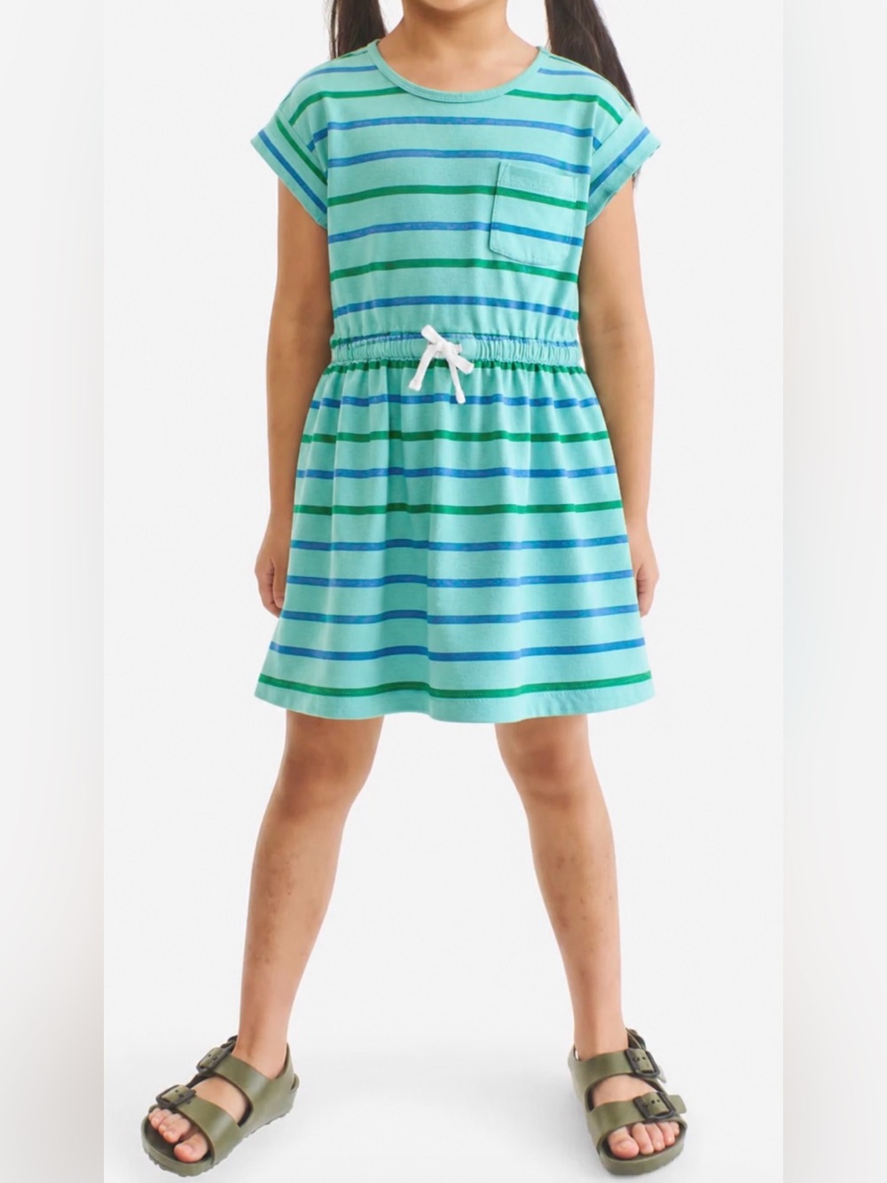 Primary Kid’s Drawstring Dress Cotton/Recycled Material Clover Stripe Size 8-9
